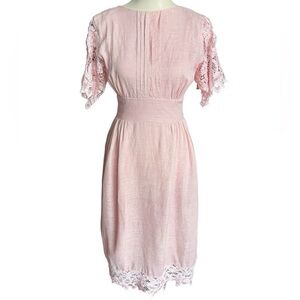 Vintage Tadashi Shoji Rare 1990s Pink Linen Lace Beaded Midi Spring Dress Size 8